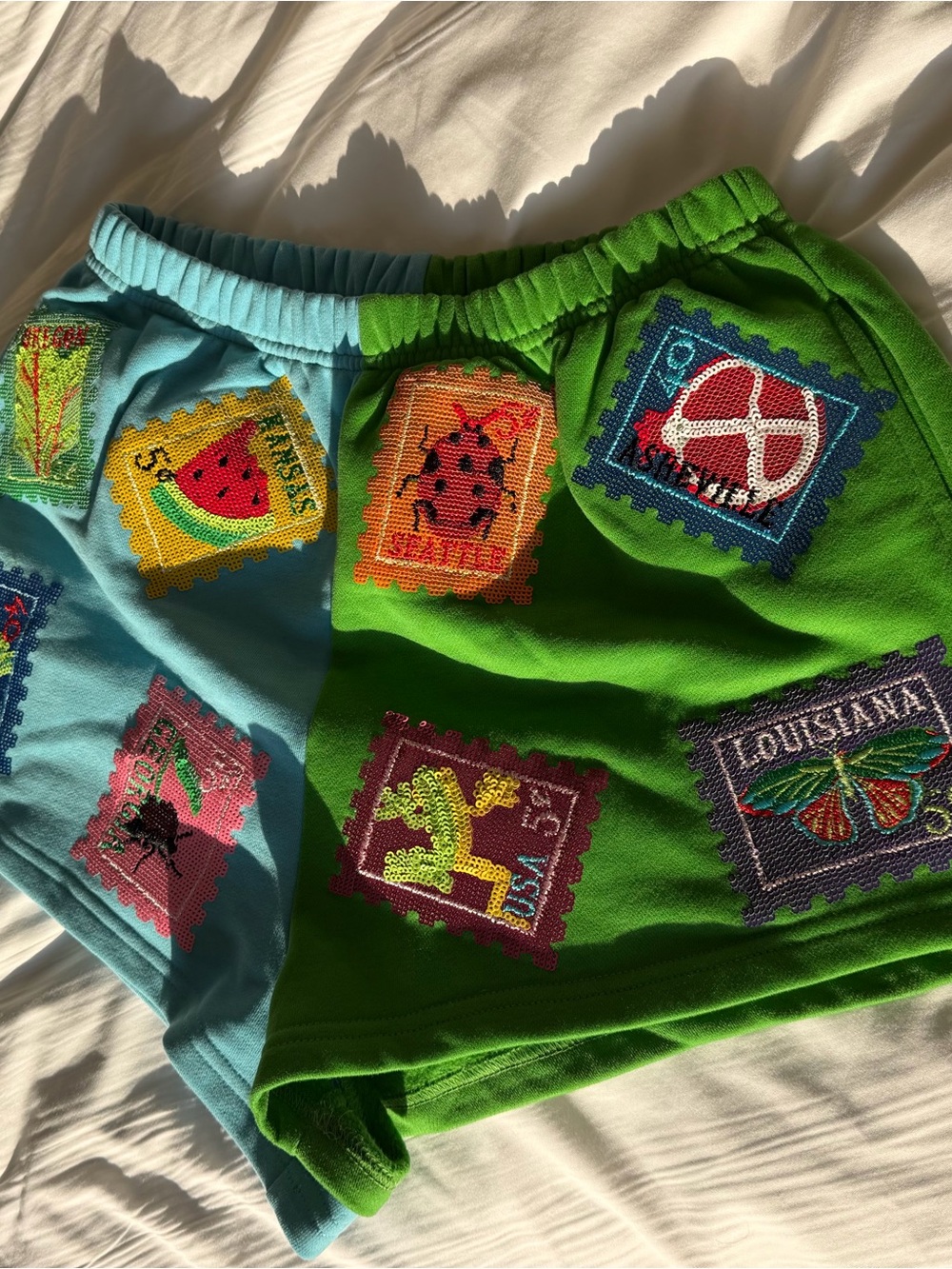 QUEEN OF SPARKLES Patchwork Stamp Shorts - Green & Light Blue